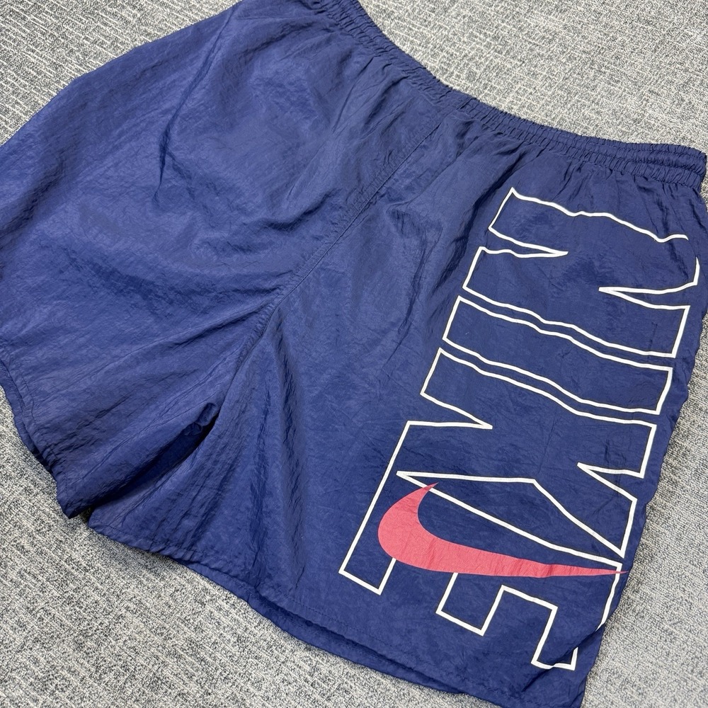 Nike Vintage Big Logo Spellout Swim Trunks Shorts Blue Pink Mens Large 90's Y2K